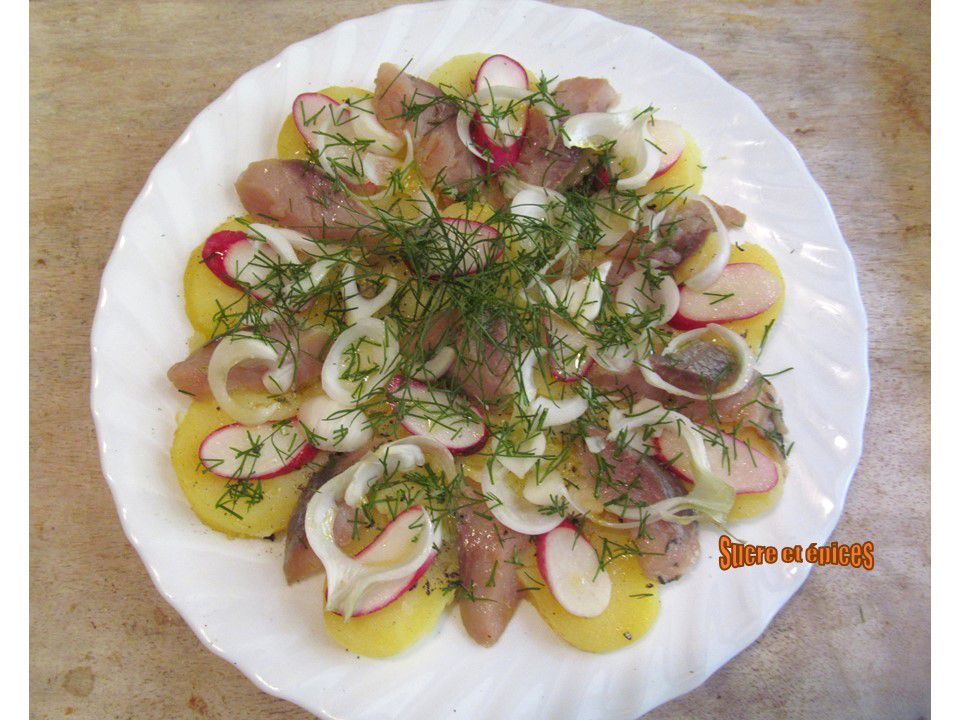 Salade de pommes de terre tièdes aux harengs fumés, radis et aneth