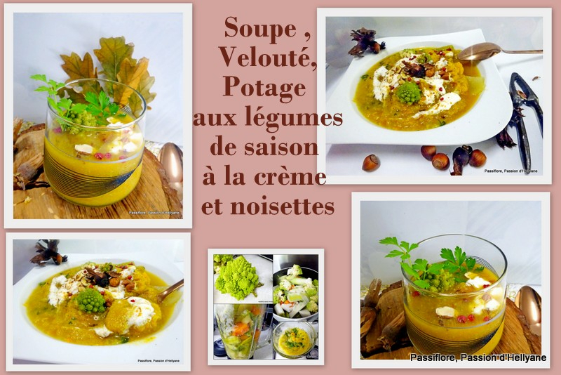 Soupe light (velouté, potage) de légumes de saison avec de la crème fouettée...