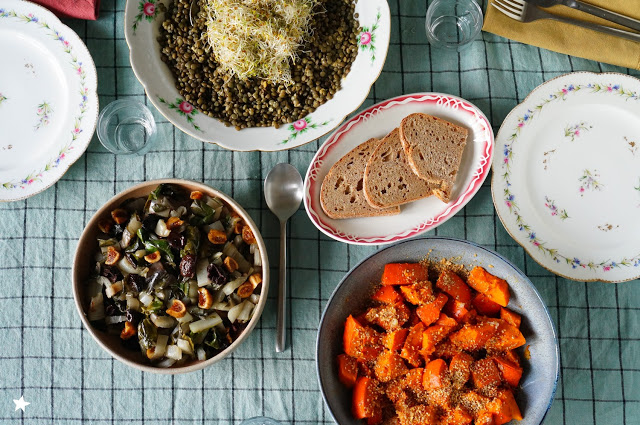 Potimarron-gomasio, blettes-figues-olives, salade de...